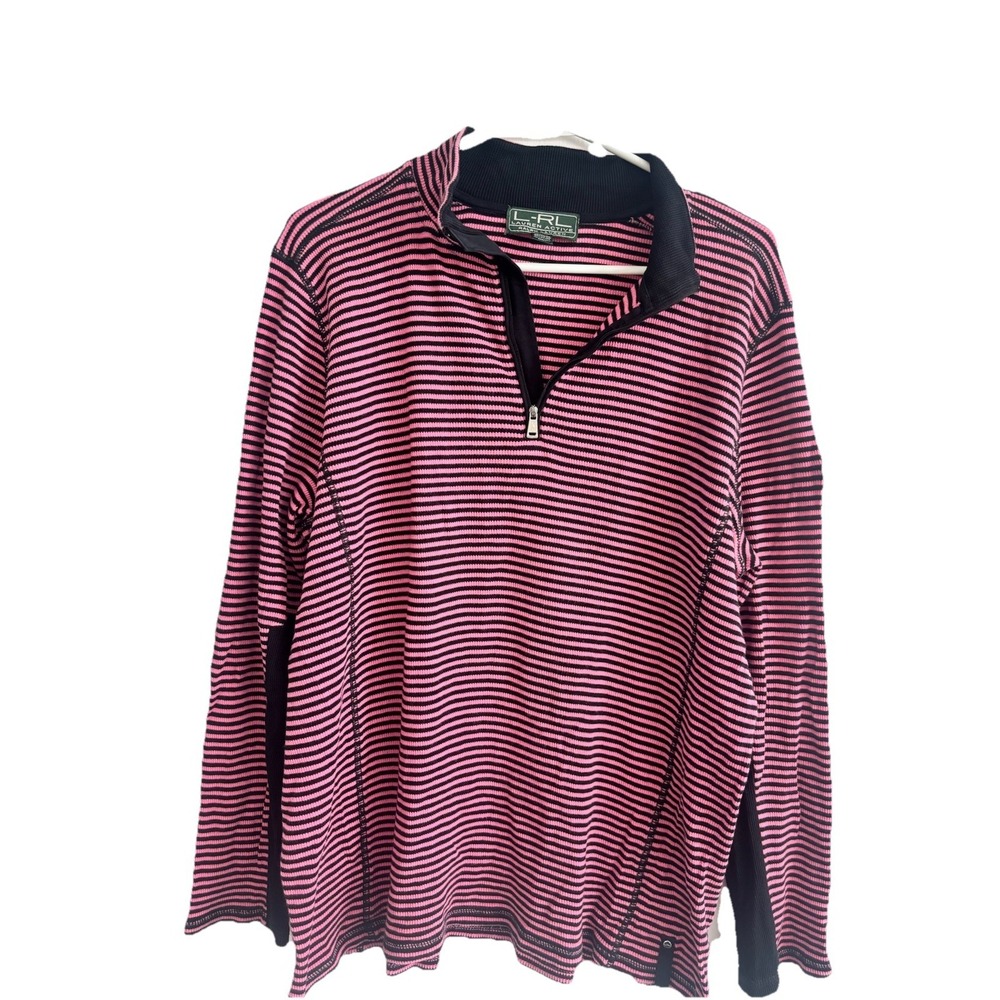 L-RL Ralph Lauren Womens 1X Striped Active Quarter Zip‎ Black & Pink Waffle Knit